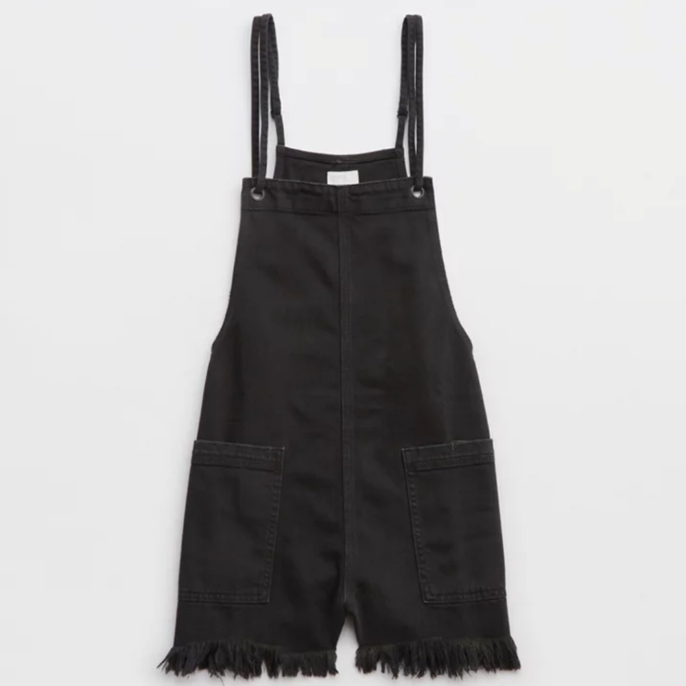 aerie Black Denim Short Overalls Romper